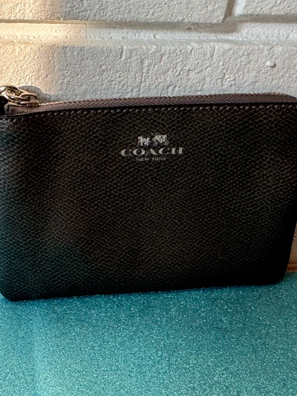 Coach Steel Gray Pebbled Leather Wristlet with Silver Logo